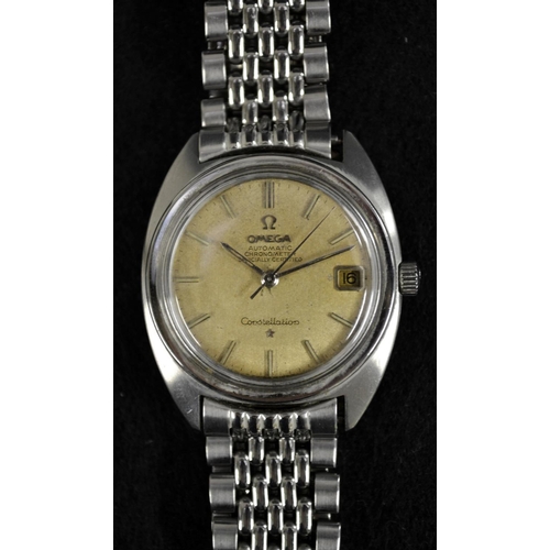 3075 - Omega- a stainless steel constellation automatic chronometer wrist watch, textured gilt dial, baton ... 