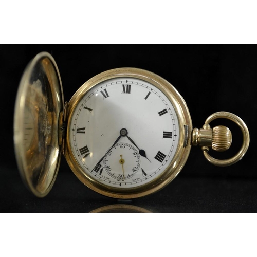 3079 - A Dennison gold plated full hunter '' Moon'' pocket watch, white dial, bold Roman numerals, minute t... 