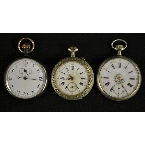 3084 - A continental white metal Nova open face pocket watch, pink and white two tone dial, bold Roman nume... 