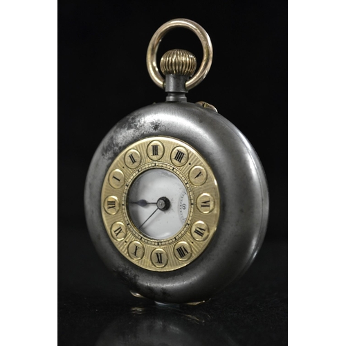 3087 - A bi metal half hunter pocket watch, steel case with gold coloured central ring, white dial, Arabic ... 