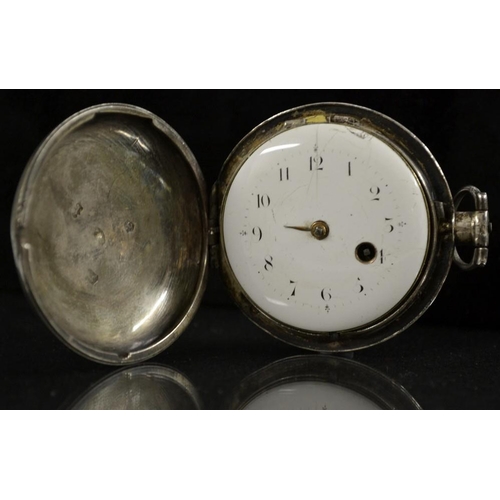 3090 - A George III silver full hunter pocket watch, white enamel dial, Arabic numerals, front key wind ver... 