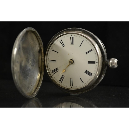 3098 - A Victorian silver full hunter pocket watch,  white dial, Roman numerals, minute track, single gold ... 