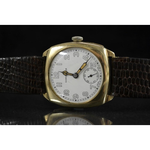 3099 - Longines - a vintage 1940's 9ct gold tonneau cased wrist watch, white dial, Arabic numerals, minute ... 