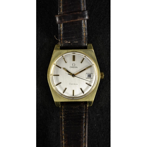 3112 - Omega - a vintage gentleman's Omega Geneve gold plated mechanical wrist watch, brushed silvered dial... 