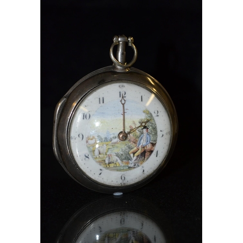 3115 - A George III silver pair cased pocket watch, painted face and dial,  Seated Farmer with Dog and Floc... 