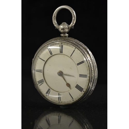 3119 - A Victorian silver open face pocket watch, cream dial, Roman numerals, minute track, gold coloured h... 