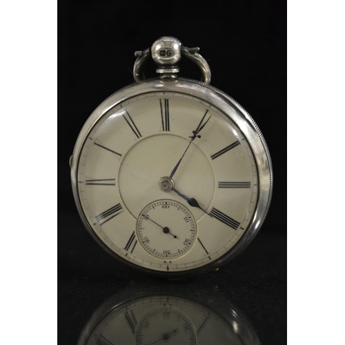 3121 - A Victorian silver open face pocket watch, cream dial, bold Roman numerals, minute track, subsidiary... 