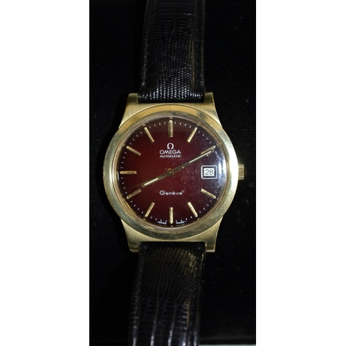 3124 - Omega - a gentleman's Omega Geneve automatic wrist watch, ox blood dial, baguette batons, minute tra... 