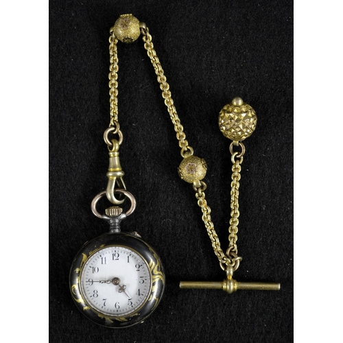 3127 - A bi-metal lady's fob watch on fancy Albertina chain, black and gilt front, white dial, Arabic numer... 