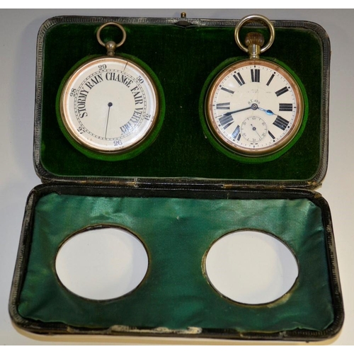 3134 - An Edwardian silver mounted green leather travelling deck top clock barometer thermometer, the silve... 