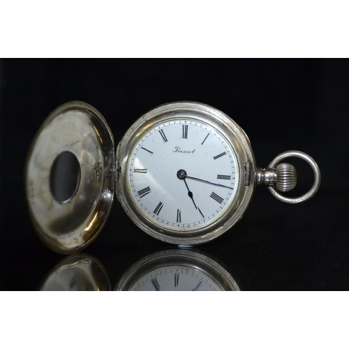 3136 - An Edwardian silver half hunter lady's pocket watch, white dial, marked Prescot, Roman numerals, min... 