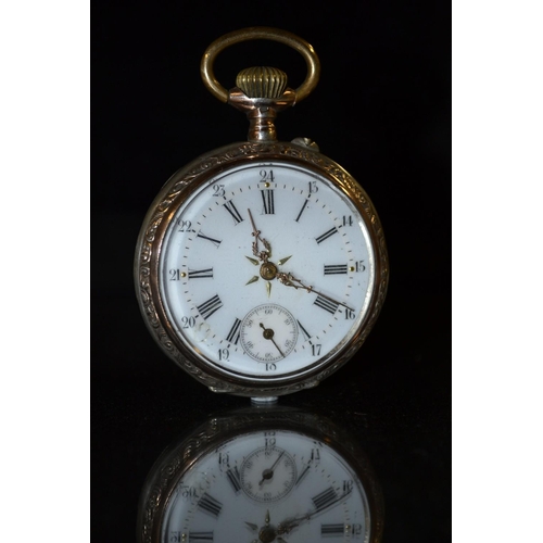 3139 - A fancy 800 silver and rose coloured bi-metal cased open face pocket watch, blue and white dial, Rom... 