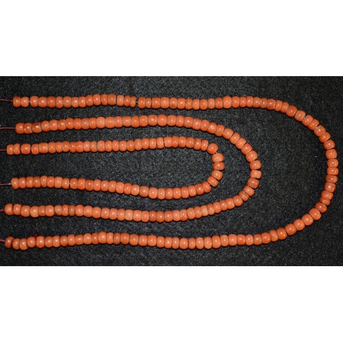 3161 - A single strand necklace of pink coral beads, snapped, 105g gross