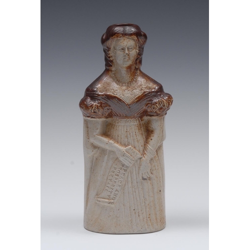 137 - A 19th century Denby & Codnor Park Bourne Pottery salt glazed stoneware reform flask, moulded with Q... 