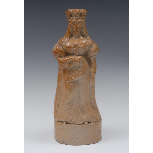 138 - A 19th century Doulton Lambeth salt glazed stoneware figural flask, Queen Caroline, she stands weari... 