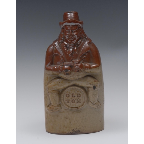 141 - A 19th century Oldfield & Co, Chesterfield  salt glazed stoneware reform flask, moulded with John Bu... 