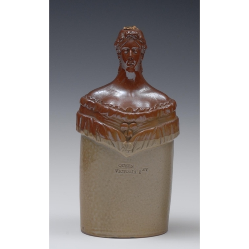 143 - A 19th century Oldfield & Co, Chesterfield salt glazed stoneware reform flask, moulded with Queen Vi... 