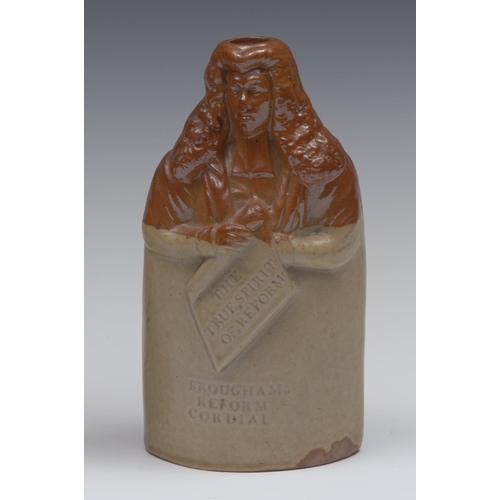 146 - A 19th century T. Oldfield & Co. salt glazed stoneware reform flask, Brougham Reform Cordial, moulde... 
