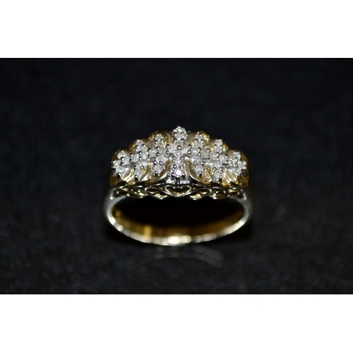 3418 - A diamond step ring, seven layer crest, pave encrusted with diamonds, total estimated diamond weight... 