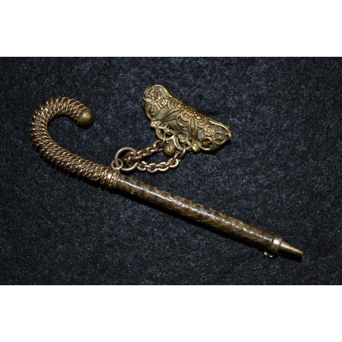 3419 - An unusual novelty walking stick & scent pillow brooch, wire work crook handle, alligator skin bound... 