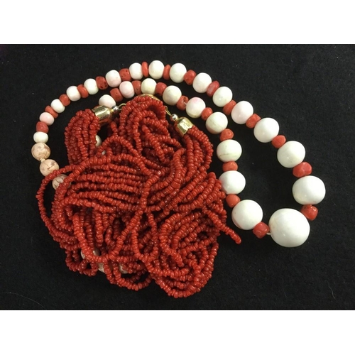 3433 - A coral and reef stone bead necklace, 41cm long; another coral bead multi-strand necklace, 44cm long... 