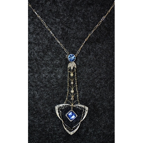 3467 - An Art Deco sapphire, diamond and seed pearl arrow pendant necklace, fine open worn arrow pendant se... 