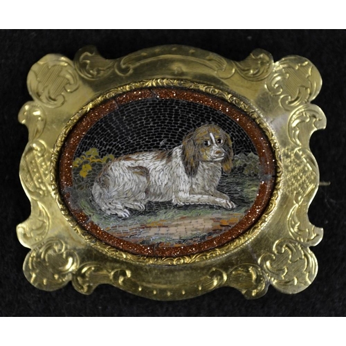 3492 - A 19th century micro mosaic tablet brooch, recumbent dog in landscape, shaped rectangular gold colou... 