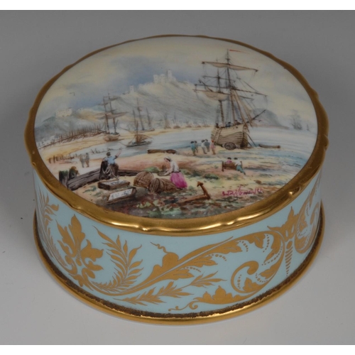 132 - A Lynton cylindrical bowl and cover, painted by Stefan Nowaki, signed, with beached tall masted sail... 