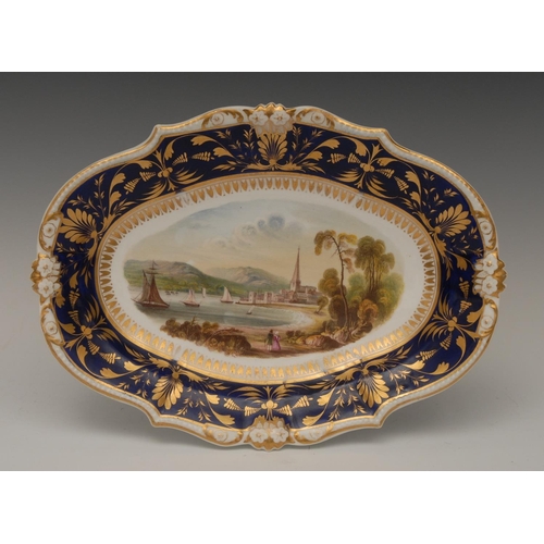 137 - A Bloor Derby Named View shaped oval plate, Southampton, within gilt harebell leaves, deep banded co... 