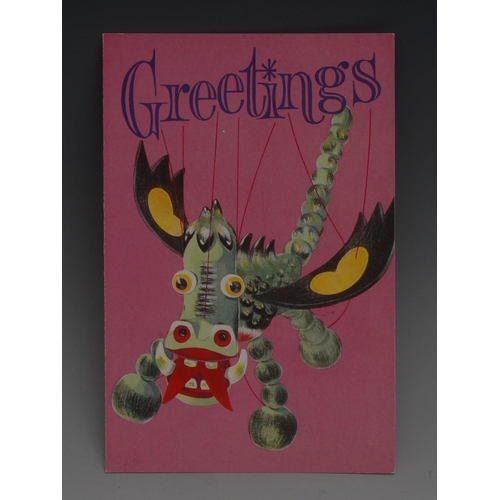 1178 - A Pelham Puppets Greetings card, printed with The Dragon puppet on a pink ground, with a verse entit... 