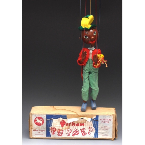 439 - SM Minstrel - very rare version, Pelham Puppets SM Range, wooden ball head, painted features, green ... 