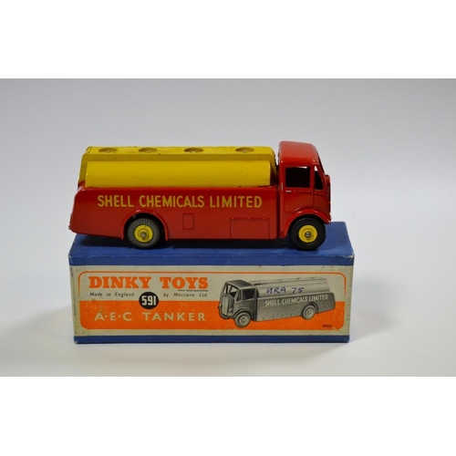 353 - Dinky Toys 591 AEC Monarch Tanker, red  cab,black chassis with yellow tanker, 'SHELL CHEMICALS LIMIT... 