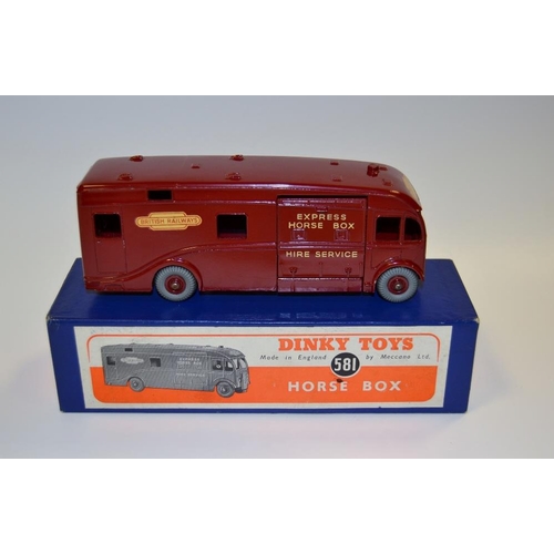 356 - Dinky Toys 581 Horse Box, maroon body, red hubs, 'BRITISH RAILWAYS' decals to front and sides, 'EXPR... 