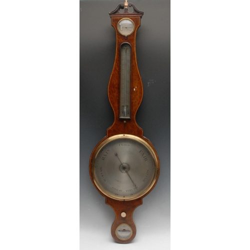 1563 - A 19th century yew, boxwood and satinwood strung barometer, 24.5cm diam silvered dial, mercury therm... 