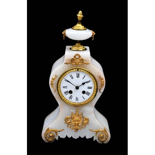 1572 - A 19th century French gilt metal mounted alabaster mantel clock, 9.5cm circular enamel dial inscribe... 