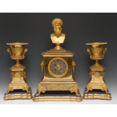 1573 - A 19th century French ormolu clock garniture, 12cm silvered dial applied with Roman numerals, twin w... 