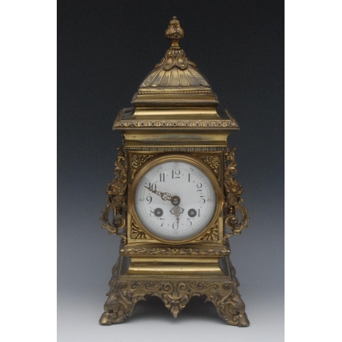 1582 - A French lacquered brass mantel clock, 9cm convex enamel dial inscribed with Arabic numerals, twin w... 