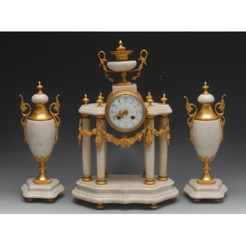 1583 - A French white marble and ormolu clock garniture, 9cm white enamelled dial, with Arabic numerals and... 