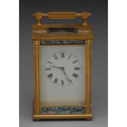 1593 - A small gilt brass five glass carriage timepiece, 4.5cm rectangular enamel dial inscribed with Roman... 