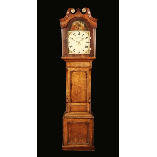 1602 - A George III oak and mahogany longcase clock, 32cm arched painted dial, inscribed Hallam, Nottingham... 