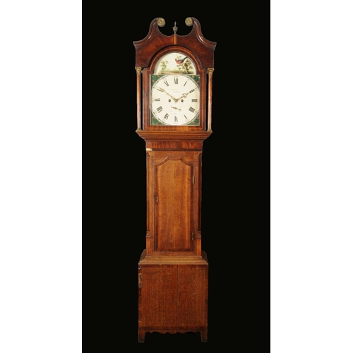 1605 - A George III/IV mahogany crossbanded oak longcase clock, 32cm arched painted dial inscribed N Walton... 