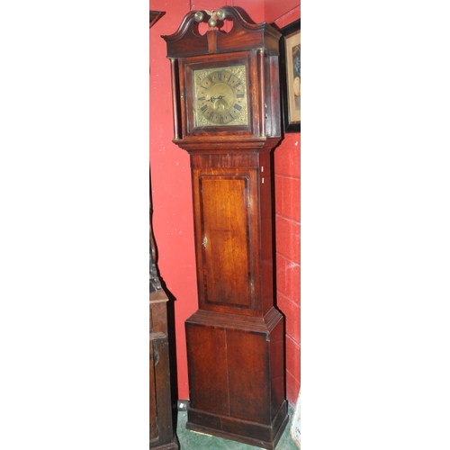 1608 - An 18th century oak longcase clock, 28cm square brass dial, inscribed with Roman numerals, date aper... 