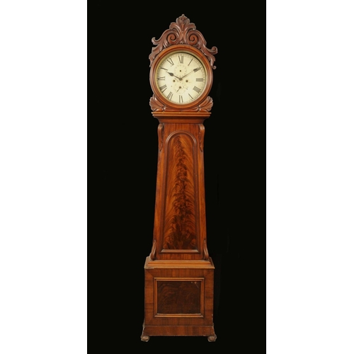 1610 - A Scottish post-Regency mahogany library clock, carved drum hood with scroll cresting and supports, ... 