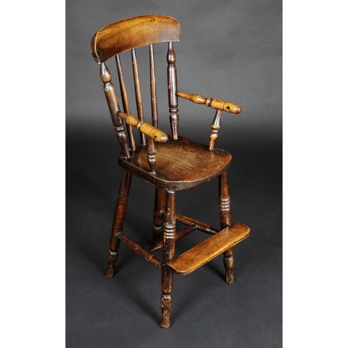 1641 - A 19th century ash and elm child's high chair, curved cresting rail, turned legs, H-stretcher, c.186... 