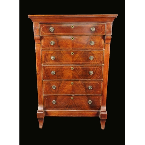 1644 - A 19th century Continental mahogany chest, of six long graduated drawers, outlined with geometric ba... 