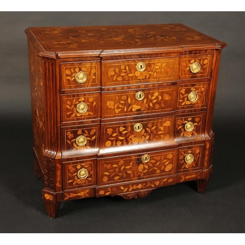 1645 - A 19th century Dutch mahogany and marquetry breakcentre commode, moulded top above four long drawers... 