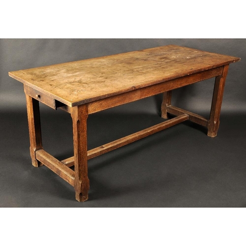 1654 - A 19th century oak refectory table, planked top with staved ends, chamfered square legs, H-stretcher... 