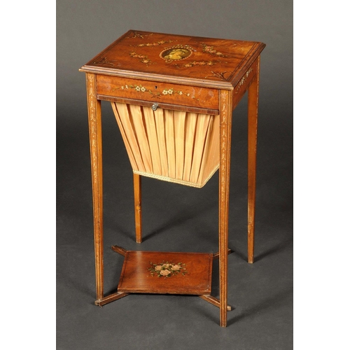 1655 - A 19th century painted mahogany rectangular work table, hinged cover painted with an oval portrait o... 