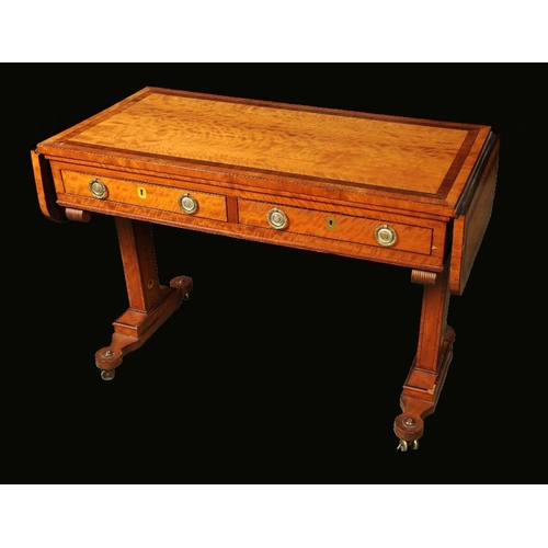 1658 - A 19th century satinwood sofa table, rounded rectangular top with fall leaves, inlaid with a broad b... 