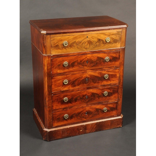 1661 - A Biedermeier mahogany canted rectangular chest, moulded top above five long drawers, plinth base, 9... 